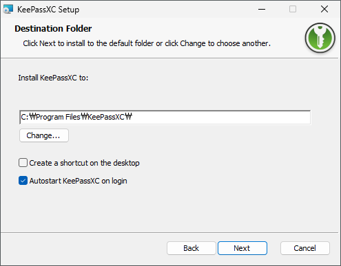 KeePassXC Installation Path Selection and Auto-Start Option Settings Screen
