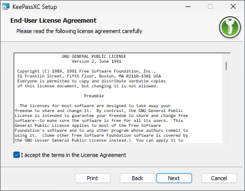 KeePassXC GNU GPL v2 License Agreement Screen