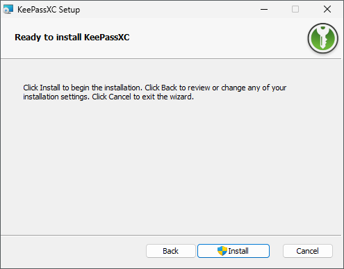 KeePassXC Ready to Install Screen