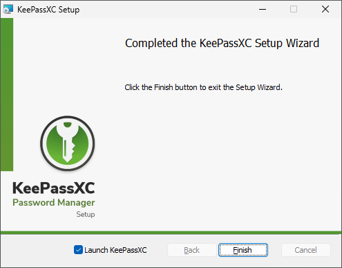 KeePassXC Installation Completed and Launch Options Screen