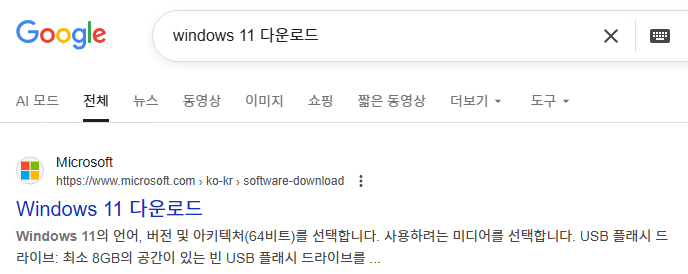 Search results screen for ‘Windows 11 download’ on Google