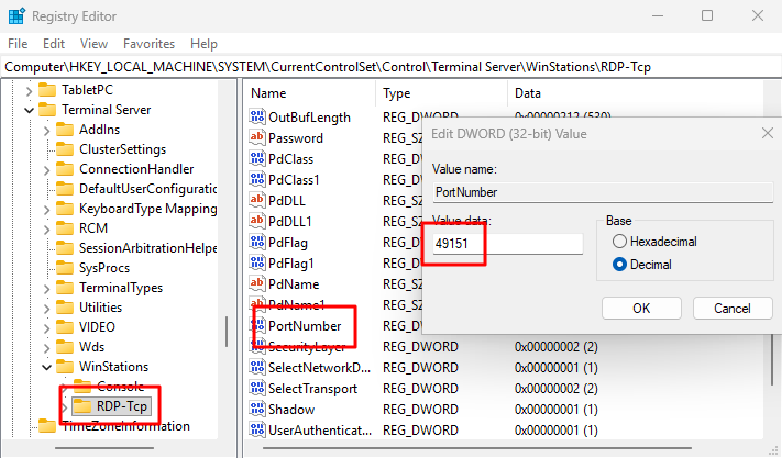 Changing RDP port number in Registry Editor