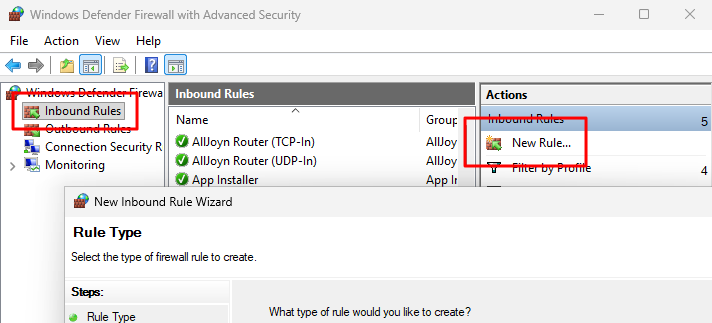 Creating new inbound rule in Windows Defender Firewall