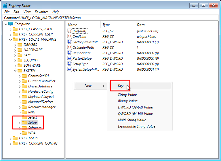 Creating new Key under Setup in Registry Editor