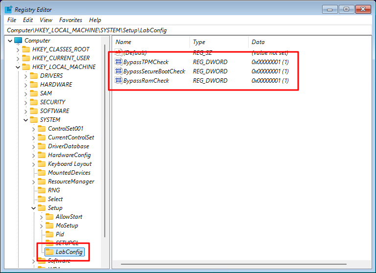 Registry LabConfig with TPM bypass values configured