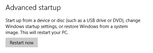 Advanced startup options - Restart now button