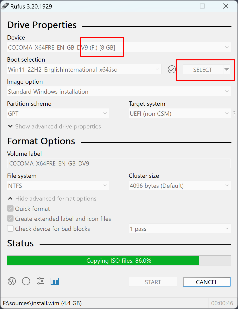 Rufus main settings screen