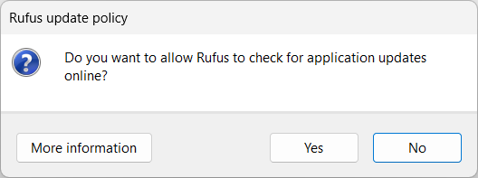 Rufus update check popup